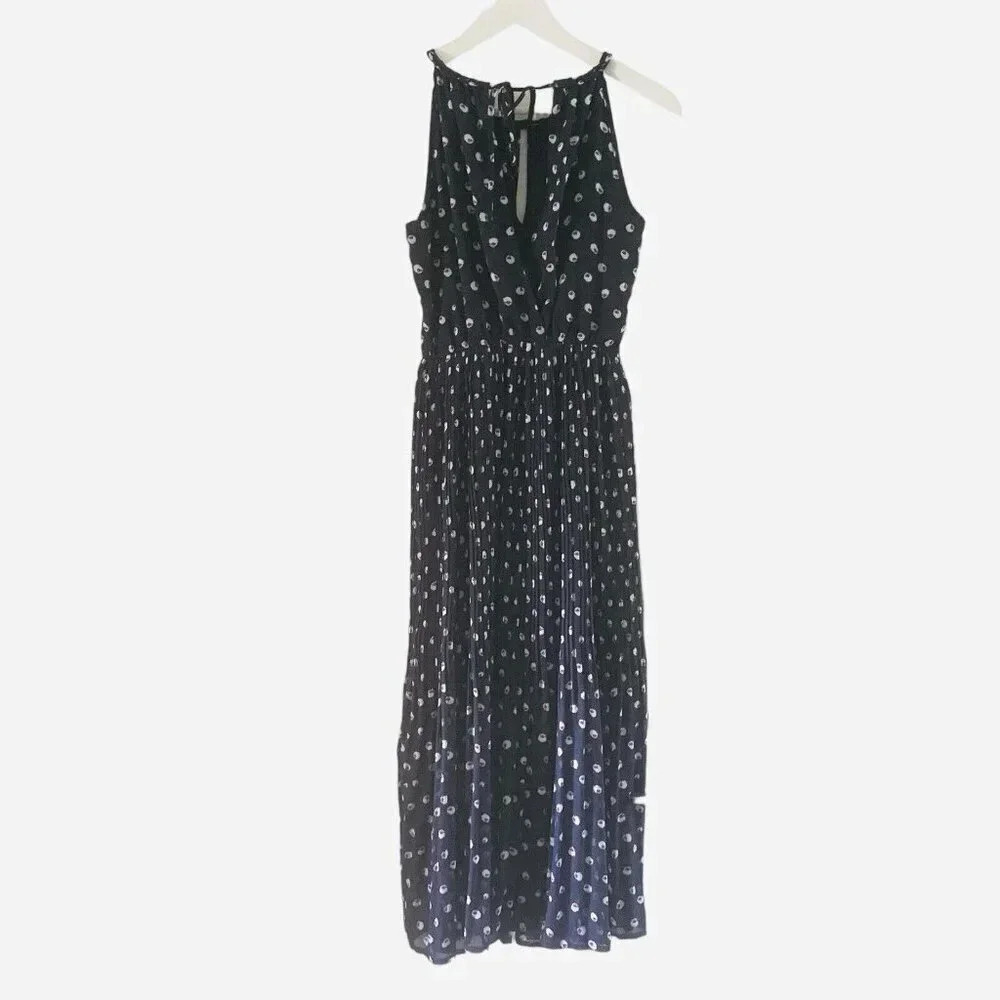 Maison Jules Size XS Sheer Pleated Eyelet Maxi Dress Navy Pink Boho - Picture 2 of 8
